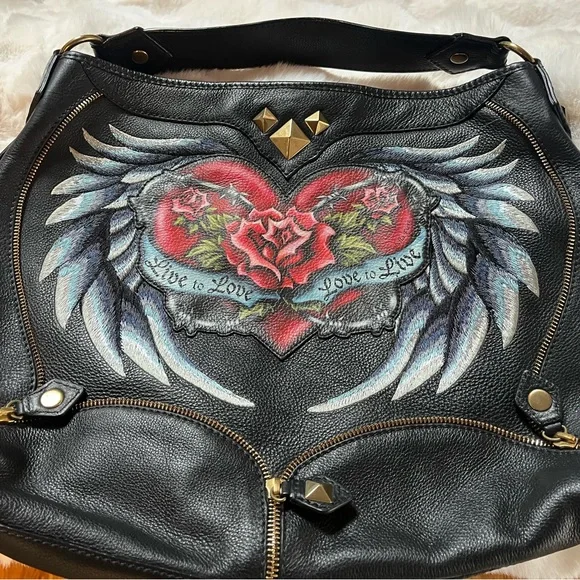Isabella Fiore Black Leather Bag with Heart and Wings Design - Picture 2 of 6